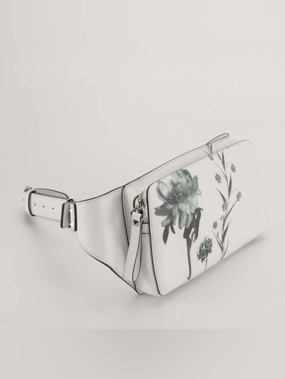 Valentino Garavani Floral Print Belt Bag in Bright White Calfskin Leather